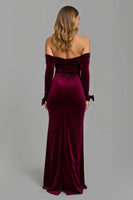 Laden Sie das Bild in den Galerie-Viewer, Burgunderrot Schulterfreie Langarm Feiertags Party Kleid mit Schlitz