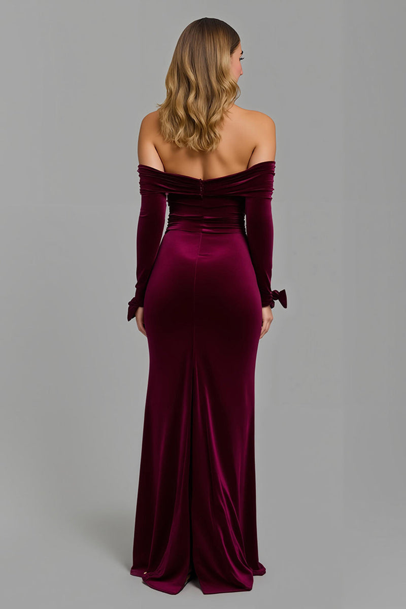 Laden Sie das Bild in den Galerie-Viewer, Burgunderrot Schulterfreie Langarm Feiertags Party Kleid mit Schlitz