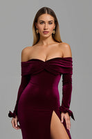 Laden Sie das Bild in den Galerie-Viewer, Burgunderrot Schulterfreie Langarm Feiertags Party Kleid mit Schlitz