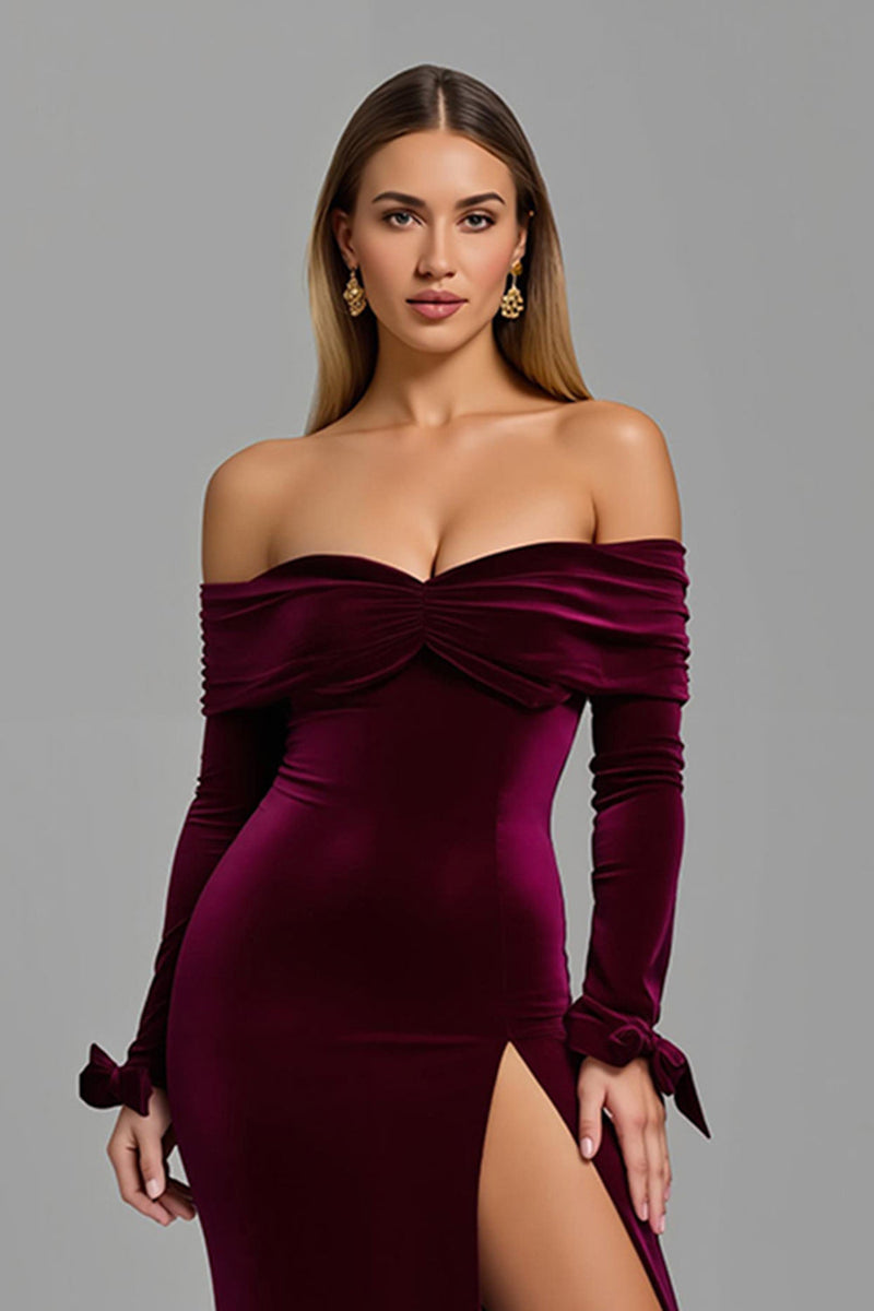 Laden Sie das Bild in den Galerie-Viewer, Burgunderrot Schulterfreie Langarm Feiertags Party Kleid mit Schlitz
