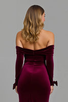 Laden Sie das Bild in den Galerie-Viewer, Burgunderrot Schulterfreie Langarm Feiertags Party Kleid mit Schlitz