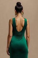 Laden Sie das Bild in den Galerie-Viewer, Einfaches Dunkelgrün V-Ausschnitt Lang Feiertags Party Kleid mit Schlitz