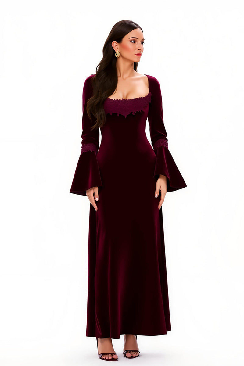Laden Sie das Bild in den Galerie-Viewer, Burgunderrot Sheath Scoop-Ausschnitt Lang Feiertags Party Kleid mit Ärmeln
