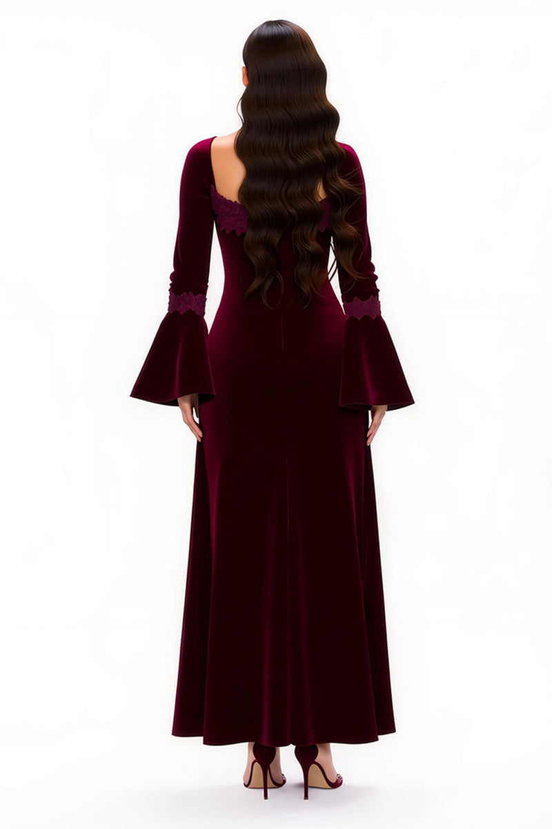 Laden Sie das Bild in den Galerie-Viewer, Burgunderrot Sheath Scoop-Ausschnitt Lang Feiertags Party Kleid mit Ärmeln
