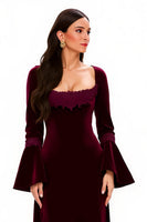 Laden Sie das Bild in den Galerie-Viewer, Burgunderrot Sheath Scoop-Ausschnitt Lang Feiertags Party Kleid mit Ärmeln