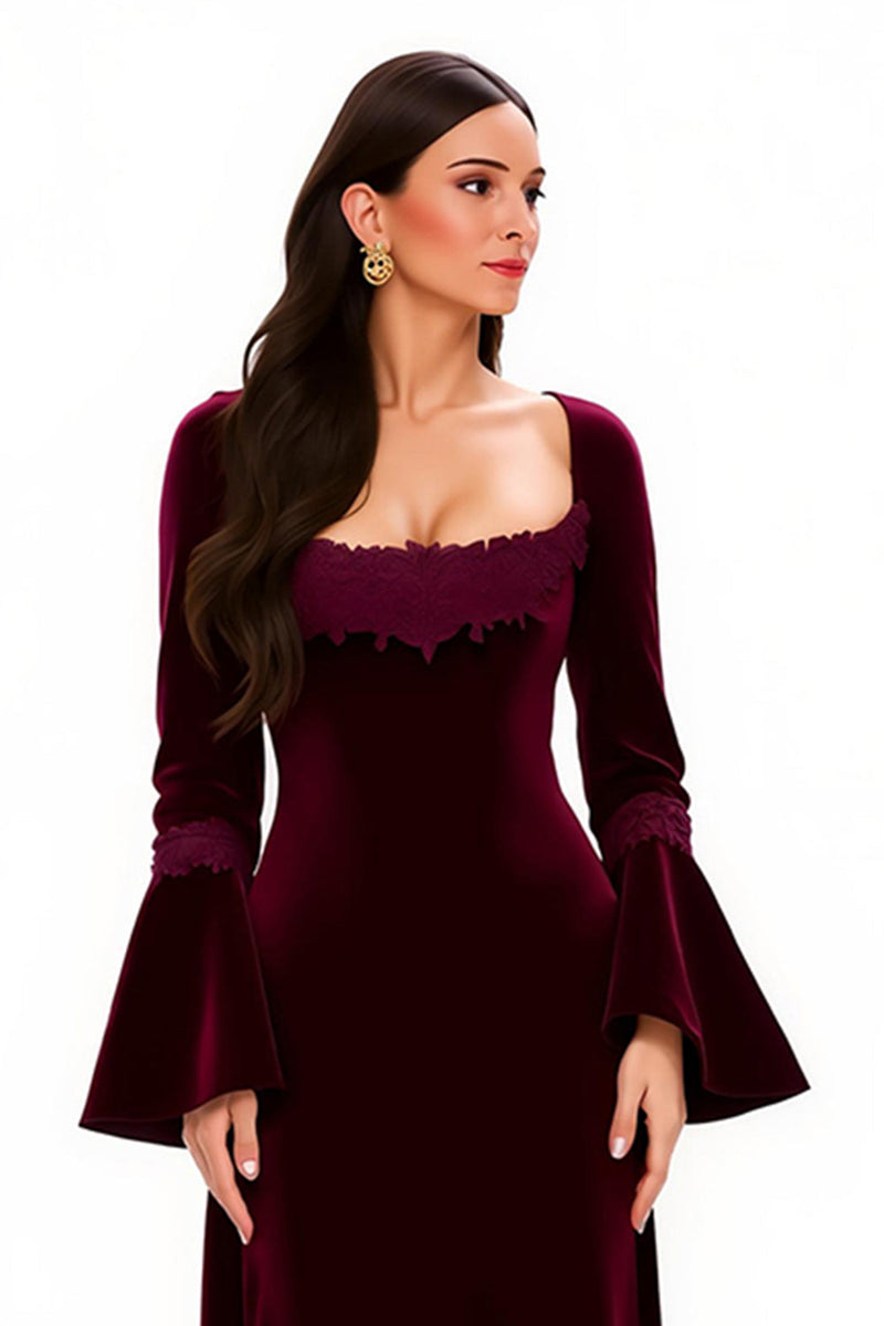 Laden Sie das Bild in den Galerie-Viewer, Burgunderrot Sheath Scoop-Ausschnitt Lang Feiertags Party Kleid mit Ärmeln