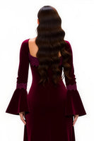 Laden Sie das Bild in den Galerie-Viewer, Burgunderrot Sheath Scoop-Ausschnitt Lang Feiertags Party Kleid mit Ärmeln