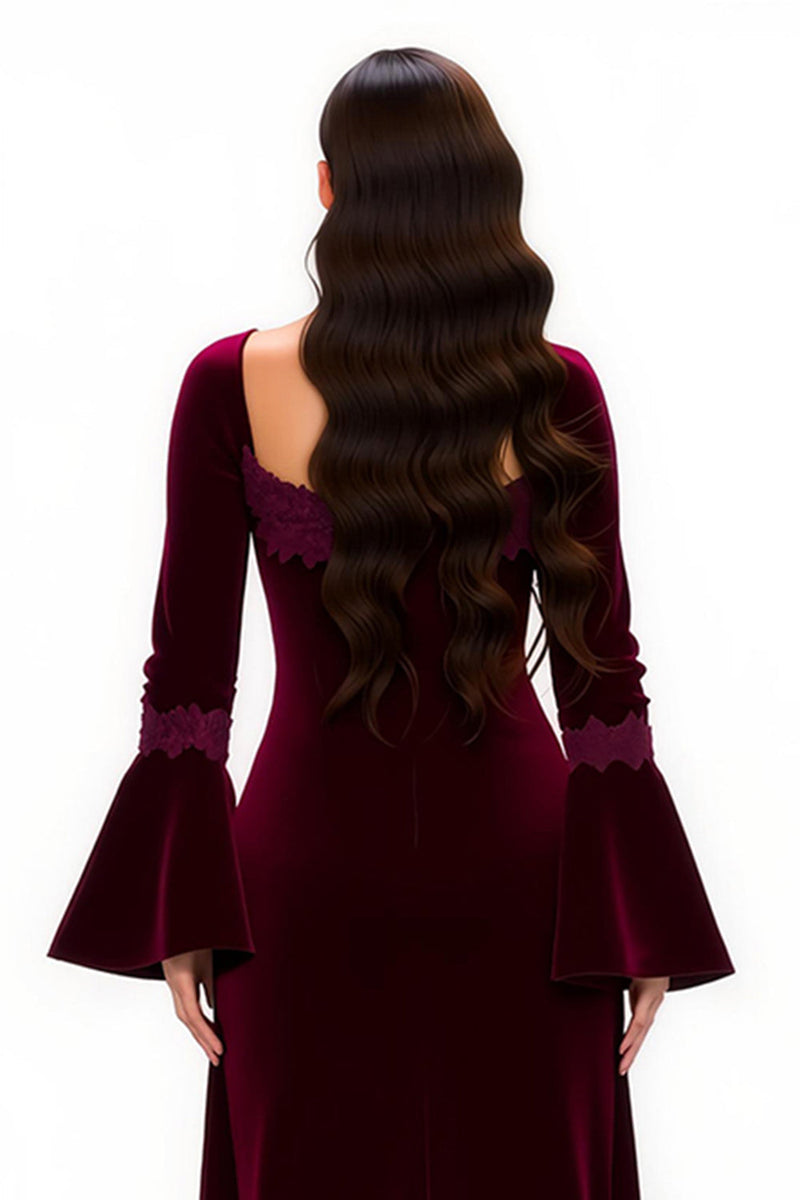 Laden Sie das Bild in den Galerie-Viewer, Burgunderrot Sheath Scoop-Ausschnitt Lang Feiertags Party Kleid mit Ärmeln