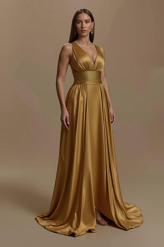 Golden V-Ausschnitt Rückenfreies Lang Abiballkleid