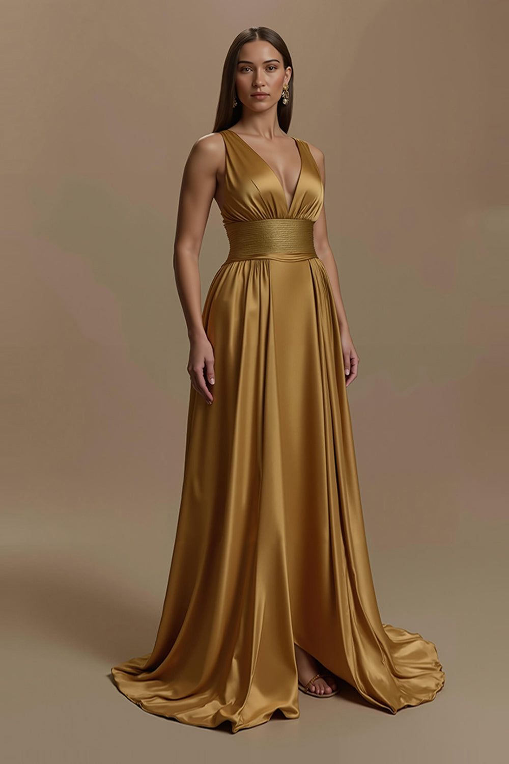 Golden V-Ausschnitt Rückenfreies Lang Abiballkleid