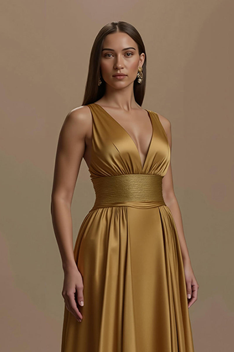 Laden Sie das Bild in den Galerie-Viewer, Golden V-Ausschnitt Rückenfreies Lang Abiballkleid