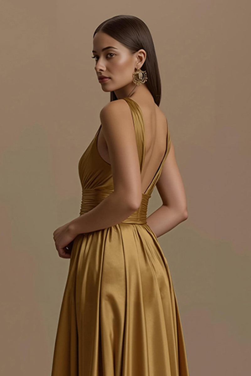 Laden Sie das Bild in den Galerie-Viewer, Golden V-Ausschnitt Rückenfreies Lang Abiballkleid