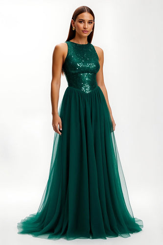Glitzer Dunkelgrün Rundhals Lang Abiballkleid mit Pailletten
