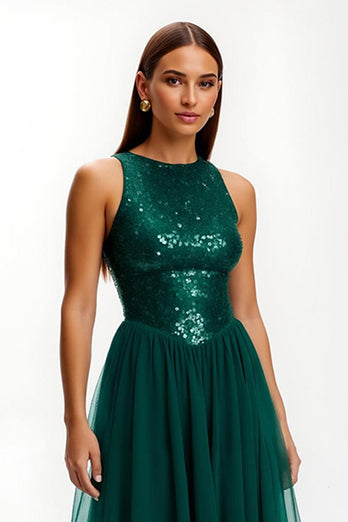 Glitzer Dunkelgrün Rundhals Lang Abiballkleid mit Pailletten
