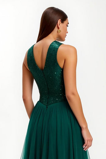 Glitzer Dunkelgrün Rundhals Lang Abiballkleid mit Pailletten