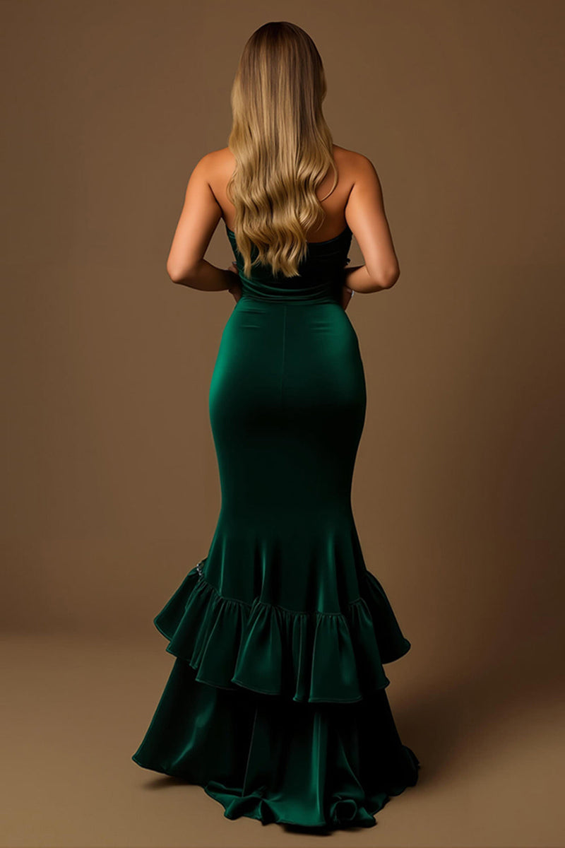 Laden Sie das Bild in den Galerie-Viewer, Dunkelgrün Trägerlos Meerjungfrau Geschichtetes Lang Feiertags Party Kleid