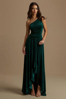 Laden Sie das Bild in den Galerie-Viewer, Dunkelgrün Sheath Ein-Schulter High-Low Feiertags Party Kleid