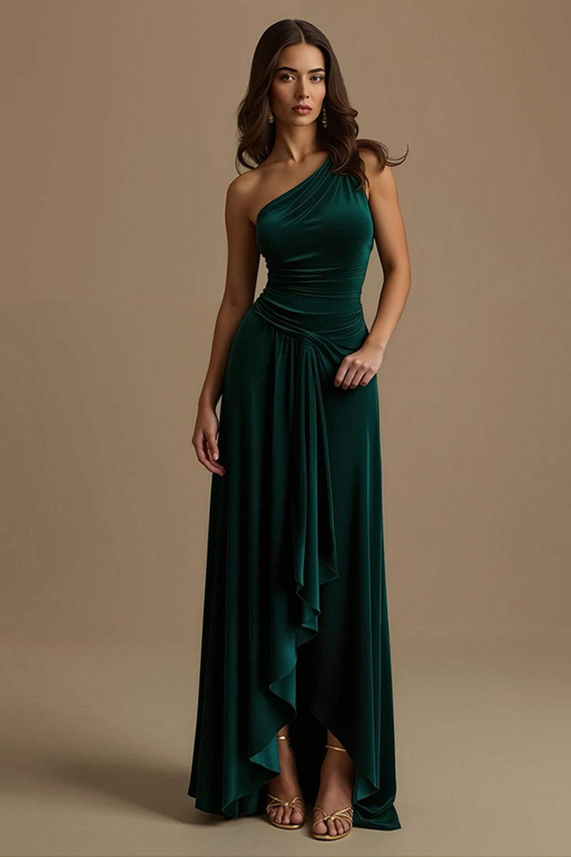 Laden Sie das Bild in den Galerie-Viewer, Dunkelgrün Sheath Ein-Schulter High-Low Feiertags Party Kleid