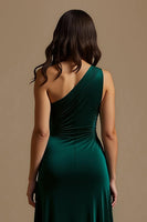 Laden Sie das Bild in den Galerie-Viewer, Dunkelgrün Sheath Ein-Schulter High-Low Feiertags Party Kleid