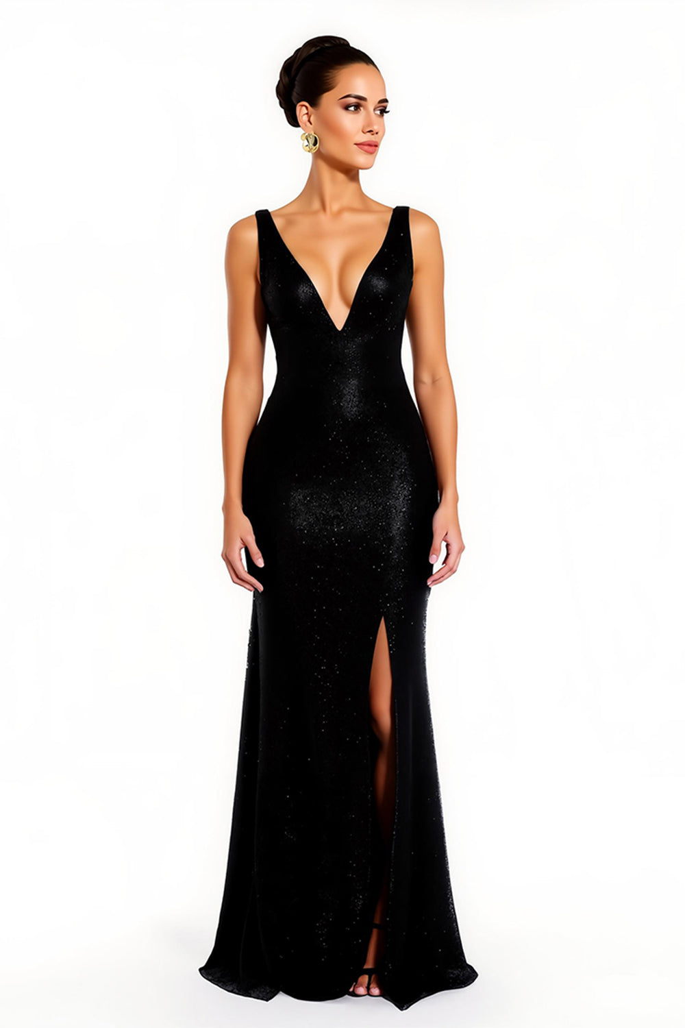 Glitzer Schwarz Pailletten Meerjungfrau V-Ausschnitt Lang Abiballkleid Kleid mit Schlitz