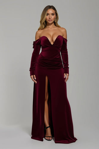 Burgunderrot Sheath Samt Schulterfreie Lang Feiertags Party Kleid mit Schlitz