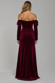 Burgunderrot Sheath Samt Schulterfreie Lang Feiertags Party Kleid mit Schlitz
