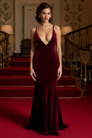 Laden Sie das Bild in den Galerie-Viewer, Burgunderrot Meerjungfrau Samt Spaghetti-Träger Lang Feiertags Party Kleid