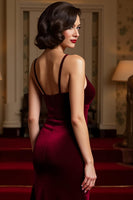 Laden Sie das Bild in den Galerie-Viewer, Burgunderrot Meerjungfrau Samt Spaghetti-Träger Lang Feiertags Party Kleid