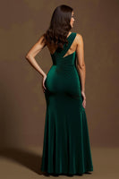 Laden Sie das Bild in den Galerie-Viewer, Dunkelgrün Meerjungfrau Samt Ein-Schulter Lang Feiertags Party Kleid mit Schlitz