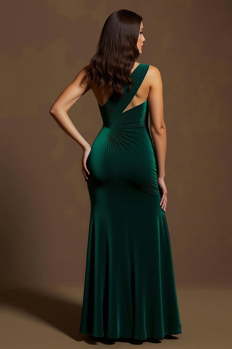 Laden Sie das Bild in den Galerie-Viewer, Dunkelgrün Meerjungfrau Samt Ein-Schulter Lang Feiertags Party Kleid mit Schlitz