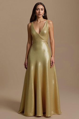 Glitzer Golden A-Linie Pailletten V-Ausschnitt Lang Abiballkleid
