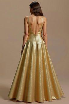 Glitzer Golden A-Linie Pailletten V-Ausschnitt Lang Abiballkleid