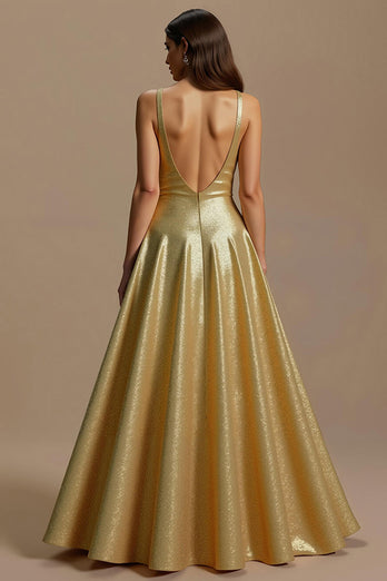 Glitzer Golden A-Linie Pailletten V-Ausschnitt Lang Abiballkleid
