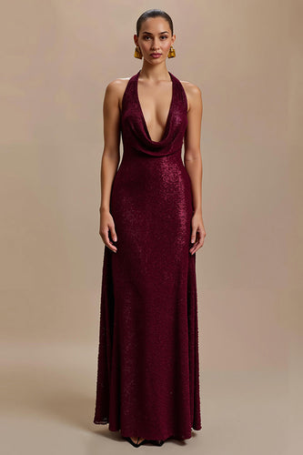 Glitzer Burgunderrot Sheath Pailletten V-Ausschnitt Lang Abendkleid