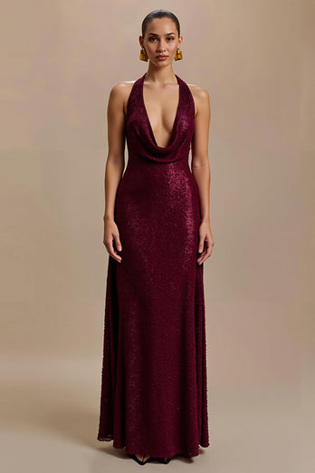 Glitzer Burgunderrot Sheath Pailletten V-Ausschnitt Lang Abendkleid