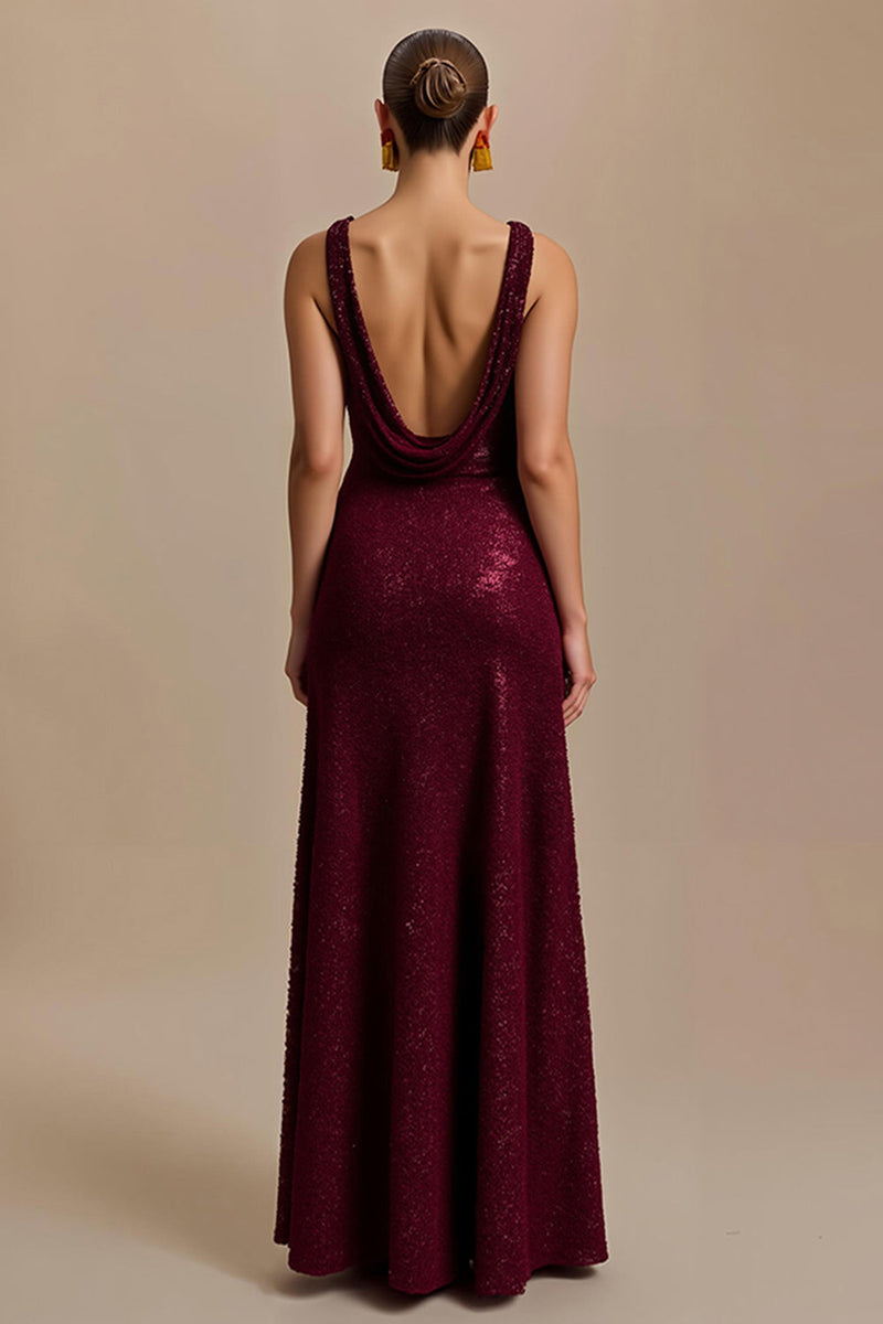 Laden Sie das Bild in den Galerie-Viewer, Glitzer Burgunderrot Sheath Pailletten V-Ausschnitt Lang Abendkleid