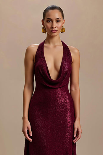 Glitzer Burgunderrot Sheath Pailletten V-Ausschnitt Lang Abendkleid