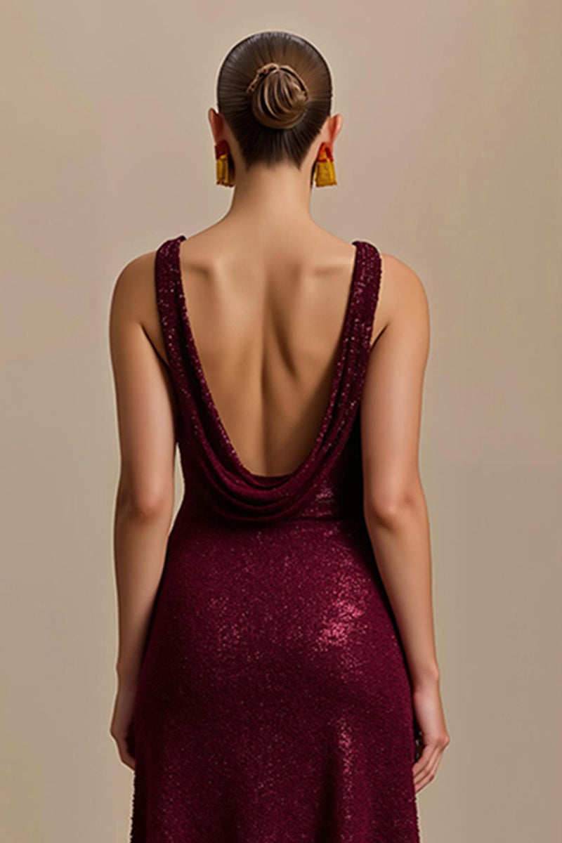 Laden Sie das Bild in den Galerie-Viewer, Glitzer Burgunderrot Sheath Pailletten V-Ausschnitt Lang Abendkleid