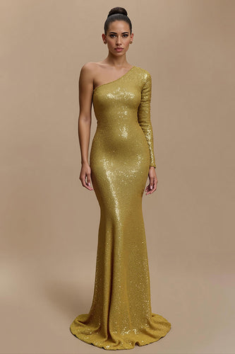 Glitzer Golden Meerjungfrau Pailletten Lang Abiballkleid mit Ärmeln