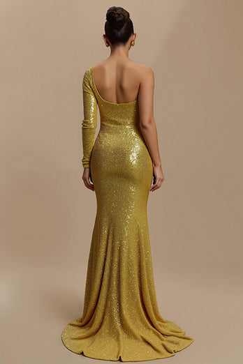 Glitzer Golden Meerjungfrau Pailletten Lang Abiballkleid mit Ärmeln