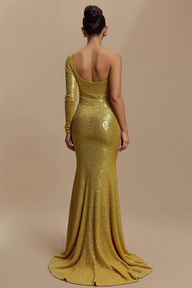 Laden Sie das Bild in den Galerie-Viewer, Glitzer Golden Meerjungfrau Pailletten Lang Abiballkleid mit Ärmeln