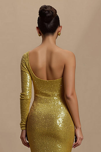 Glitzer Golden Meerjungfrau Pailletten Lang Abiballkleid mit Ärmeln