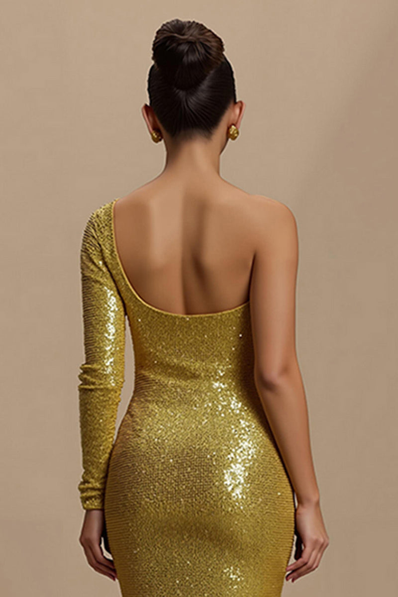 Laden Sie das Bild in den Galerie-Viewer, Glitzer Golden Meerjungfrau Pailletten Lang Abiballkleid mit Ärmeln
