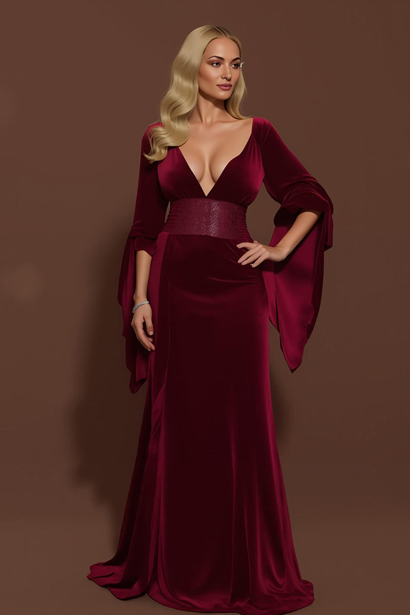 Laden Sie das Bild in den Galerie-Viewer, Burgunderrot Samt V-Ausschnitt Meerjungfrau Lang Feiertags Party Kleid mit Ärmeln
