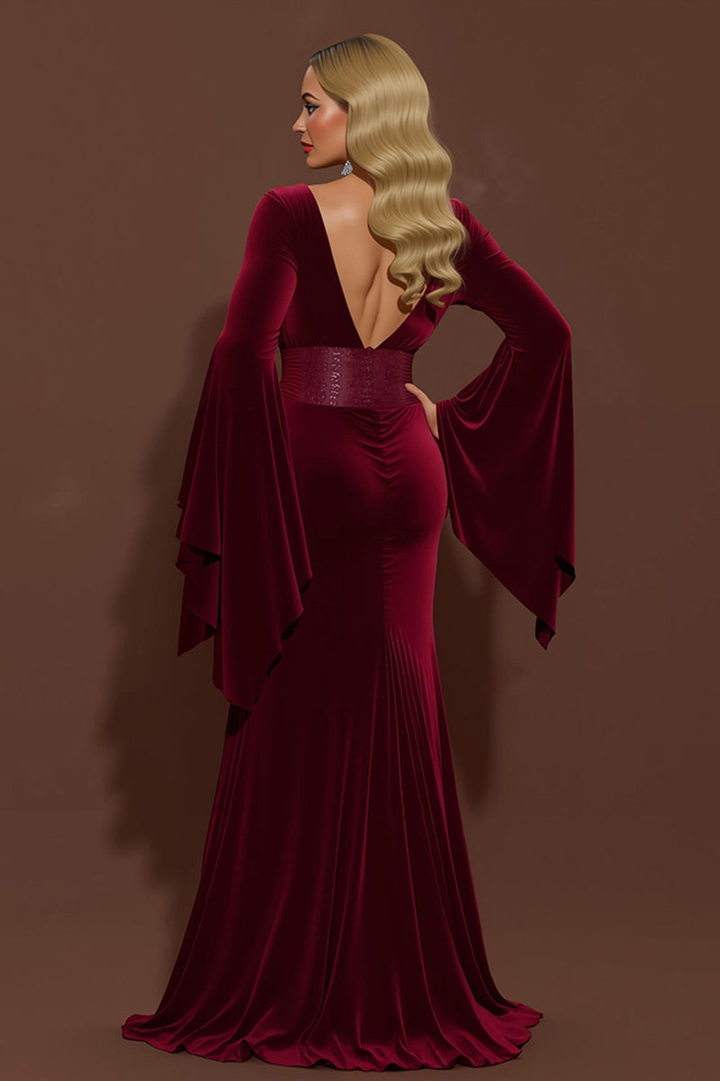 Laden Sie das Bild in den Galerie-Viewer, Burgunderrot Samt V-Ausschnitt Meerjungfrau Lang Feiertags Party Kleid mit Ärmeln