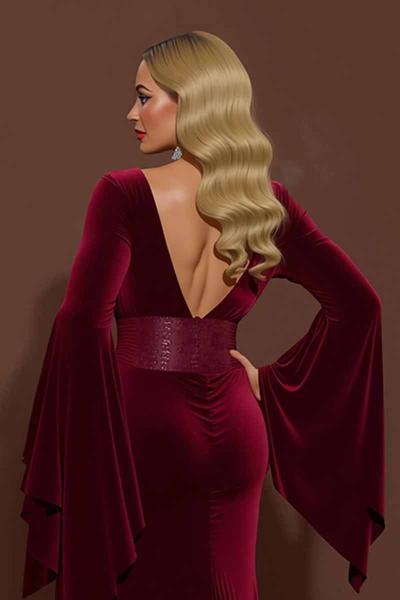 Laden Sie das Bild in den Galerie-Viewer, Burgunderrot Samt V-Ausschnitt Meerjungfrau Lang Feiertags Party Kleid mit Ärmeln