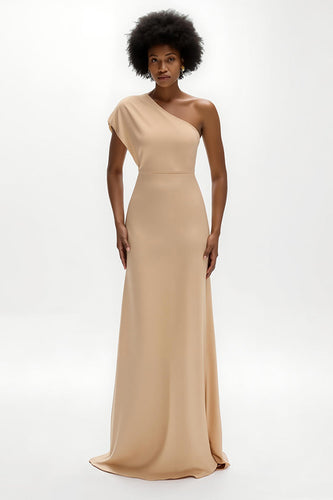 Champagner Sheath Satin Ein-Schulter Lang Hochzeitsgast Kleid