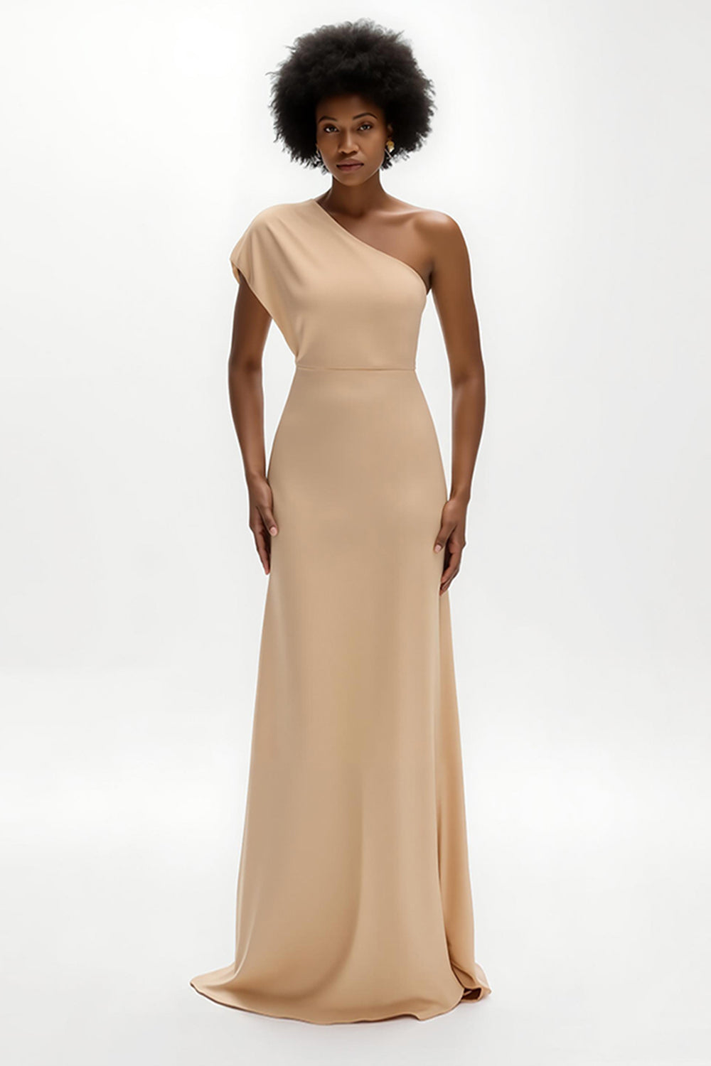 Champagner Sheath Satin Ein-Schulter Lang Hochzeitsgast Kleid
