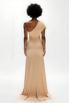 Champagner Sheath Satin Ein-Schulter Lang Hochzeitsgast Kleid