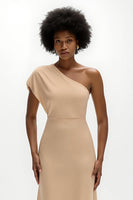 Laden Sie das Bild in den Galerie-Viewer, Champagner Sheath Satin Ein-Schulter Lang Hochzeitsgast Kleid